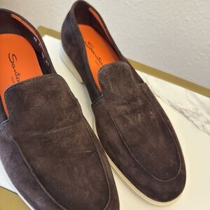 Santoni Dark Brown Suede Slip-On Loafers made in ITALY